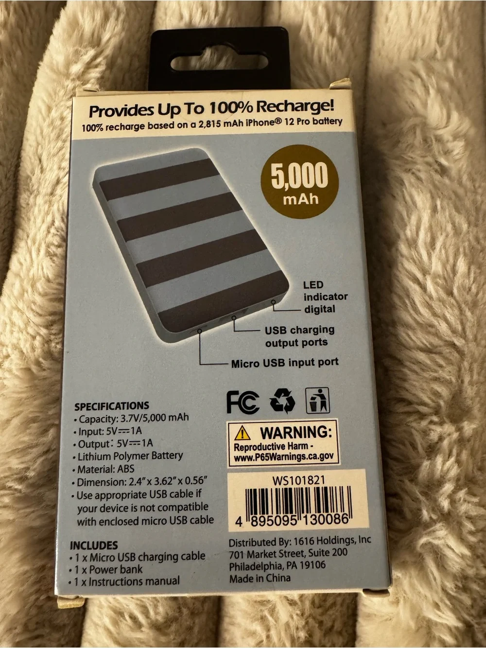 Slim Rechargeable 5,000 mAh Power Bank - Blue/Black